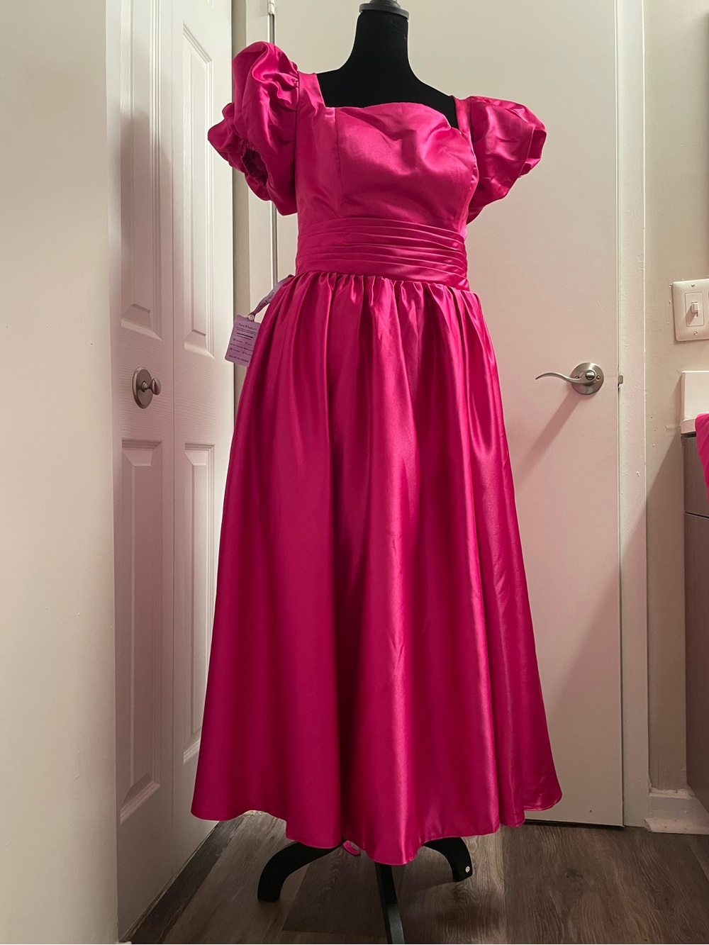 Hot Pink Puff-Sleeve Midi Dress with Square Neckline with a corset at the back..